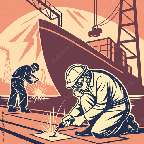 Two Welders Working on a Ship at a Dock