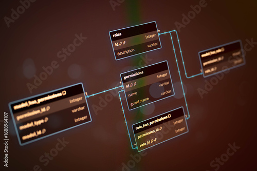 Close-up of a database entity-relationship diagram on a digital screen, showing tables and relationships between roles, permissions, and users in a typical backend development workflow.