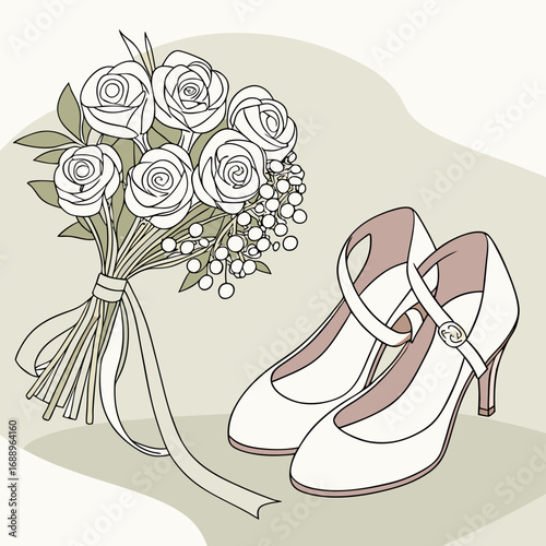 White Bridal Shoes and Rose Bouquet Illustration