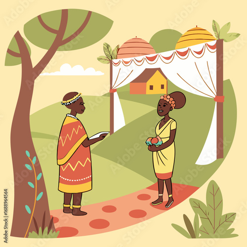 African Wedding Ceremony Illustration: Couple in Traditional Dress Exchange Gifts