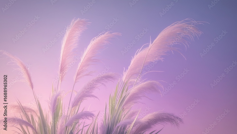 Obraz premium Soft pink pampas grass with a purple sky background at dusk. Nature and floral scene. Decorative plant imagery. Calm and tranquil atmosphere.