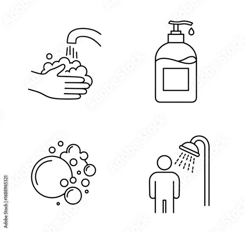 Collection of Immune system boost-themed icons, including Hand washing, Sanitizer bottle, Soap bubble, Shower