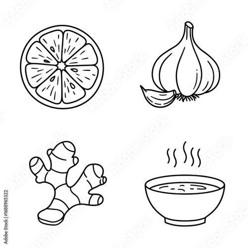 Collection of Immune system boost-themed icons, including Orange slice, Garlic bulb, Ginger root, Bowl of soup