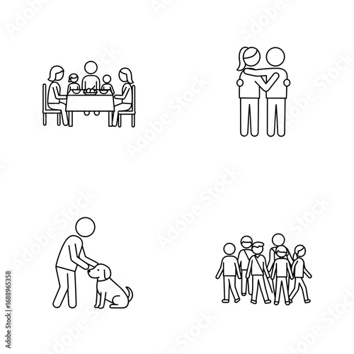 Collection of Immune system boost-themed icons, including Family dinner, Hug, Petting a dog, Group walk