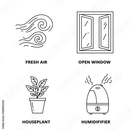 Collection of Immune system boost-themed icons, including Fresh air, Open window, Houseplant, Humidifier