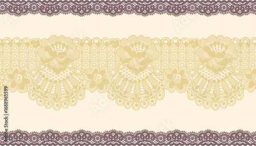 Yellow-toned lace layout configuration with brown narrow lace trim along the top and bottom edges