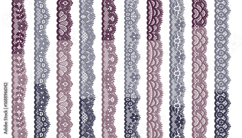 A combination of 10 narrow lace strips in a two-tone pairing of light and dark shades, arranged in fan-shaped and wavy patterns with small floral motifs.