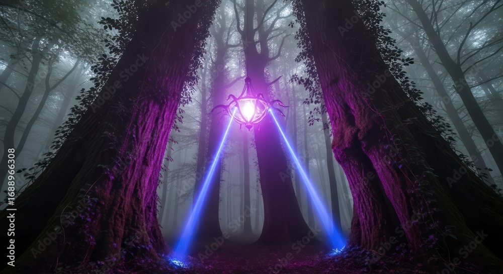 Obraz premium Mystical Forest Pathway with Light Beams.