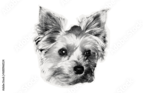 Photocopy of dog in halftone style. Sticker of puppy, pet. Animal muzzle for collage design. Contemporary art, cut out piece of paper, magazine, dog vector illustration.