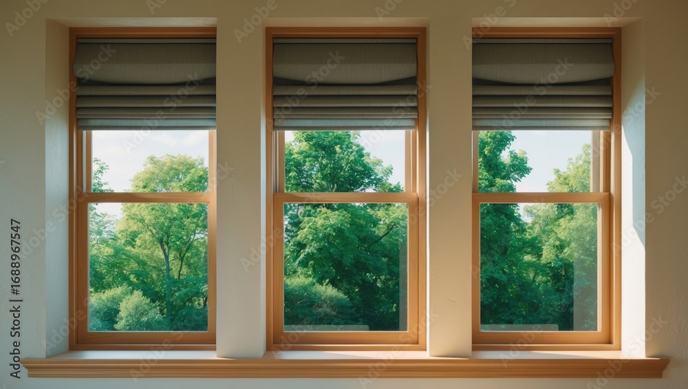 Fototapeta premium Three window blinds in a row with a view of lush green trees outside.