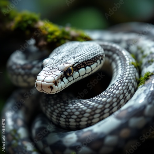 Hypnotic Golden Eye of a Coiled Black and White Patterned Snake on Moss.