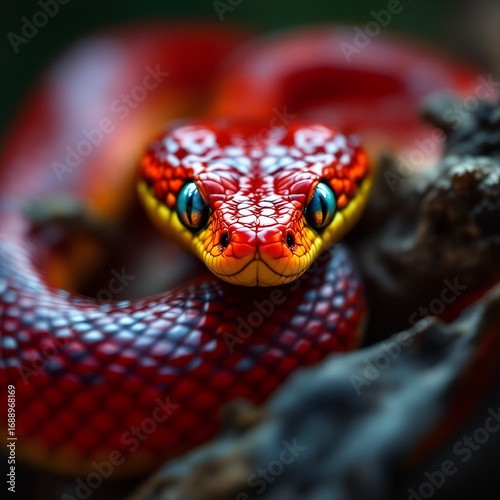 Intense Stare of a Coiled Crimson Snake with Striking Turquoise Eyes.