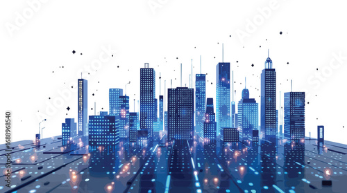 Abstract Digital Cityscape with Glowing Lights and Circuit Board Pattern on White Background.