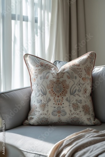 A pillow with a pattern lies on the sofa.