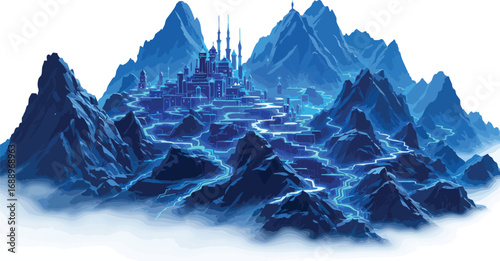 Fantasy Blue Cityscape Nestled Within Jagged Mountains with Glowing Rivers vector illustration.