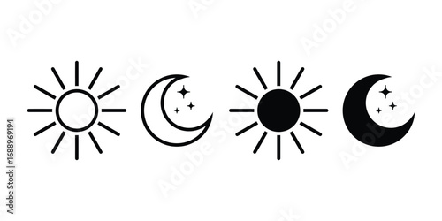 Sun and Moon Icon Set. Minimalist Day and Night Symbols Vector, Sun Moon Star Vector. Day and Night Cycle Line Icons