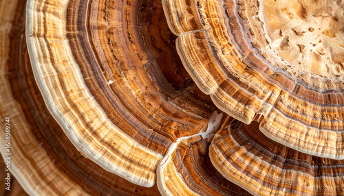 Macro shot of turkey tail mushroom with layered brown textures, natural pattern, organic surface, and earthy tones, creating abstract and calming visual effect