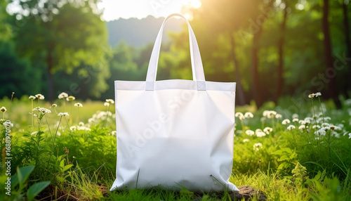 White reusable bag eco friendly tote sustainable material outdoor nature sunlight green grass wildflower summer clean design environmental awareness