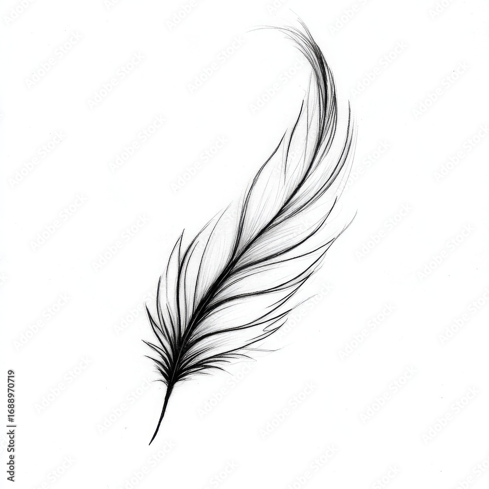 Obraz premium A detailed illustration of a feather, showcasing intricate lines and delicate structure against a plain white background.