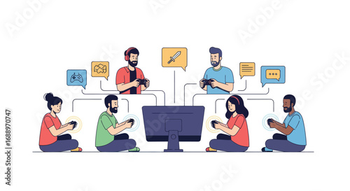 Diverse group of friends playing a multiplayer video game together, both locally and online, in a flat vector illustration.