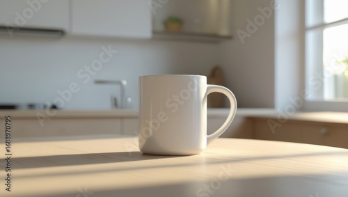 Mockup of a white cup standing on a wooden table in the kitchen.