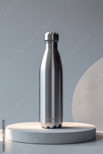 Mockup of a steel thermos in the shape of a bottle.