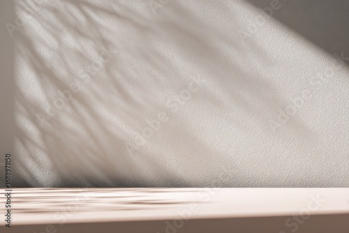 Abstract gray silhouette of tree branch. Beige light brown wall background. Transparent blur shade tropical leaves sunlight. Closeup of plant shadow motion. Natural light bokeh. Trend Overlay effect