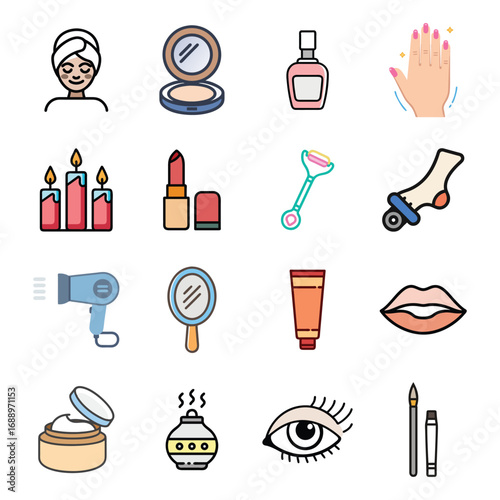 Colorful spa and beauty treatment icons for health wellness and cosmetics design elements