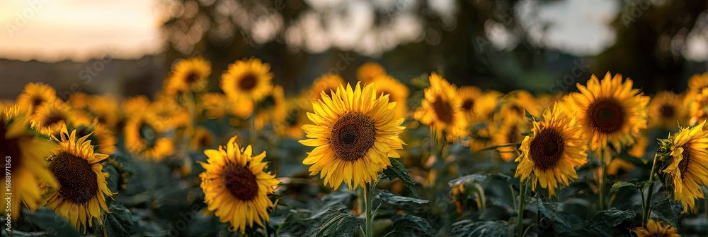 Obraz premium A vast field of sunflowers embraces the golden hour light, showcasing vibrant yellow blooms against a backdrop of out-of-focus greenery and a soft sunset.