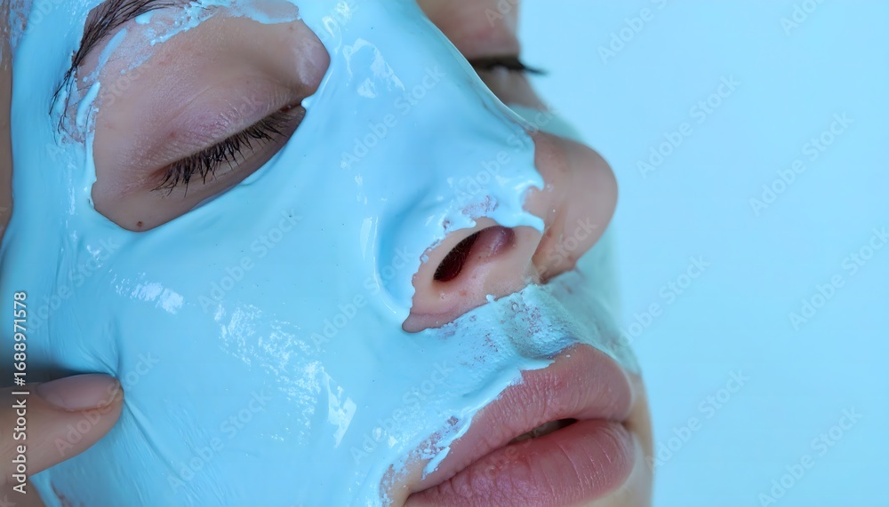 Fototapeta premium Woman Applying Blue Face Mask, Isolated on Light Blue Background