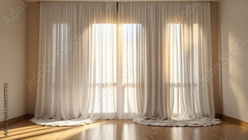 A mockup of white tulle and curtains mounted above the window.