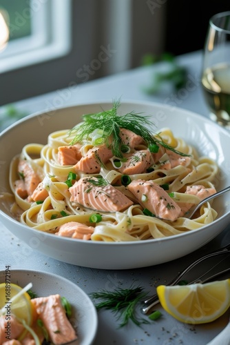 Delicious pasta with salmon and herbs on a plate.