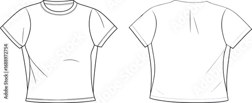 Basic t-shirt flat sketch front and back view, short sleeve crew neck tee technical fashion CAD drawing, vector template