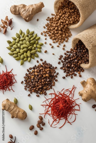 Various spices scattered on a white table.