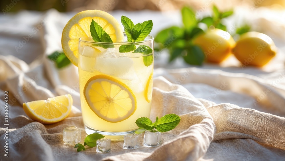 Fototapeta premium Refreshing lemon drink with ice and mint, served in a glass, with fresh lemons and greenery in the background.