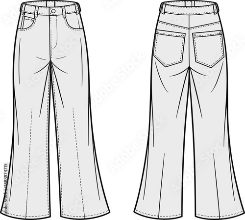Flared jeans flat sketch with front and back view, technical CAD drawing of denim pants with pockets and waistband