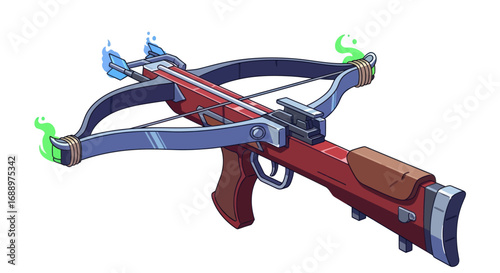 Detailed Red and Blue Crossbow with Green Accents.