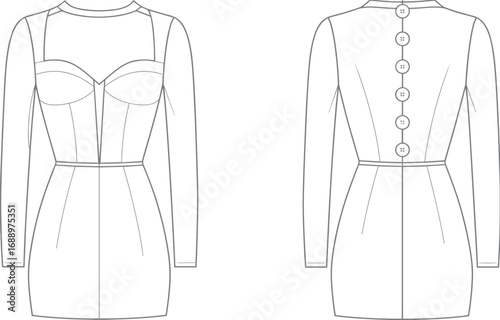 Long sleeve mini dress flat sketch, bustier top detail, back button closure, technical fashion drawing front and back view