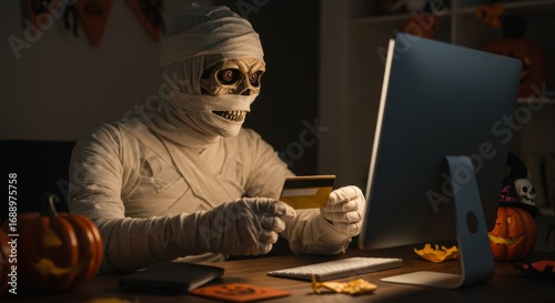 Zombie man or mummy skeleton with halloween costume holding credit card for online shopping at Halloween