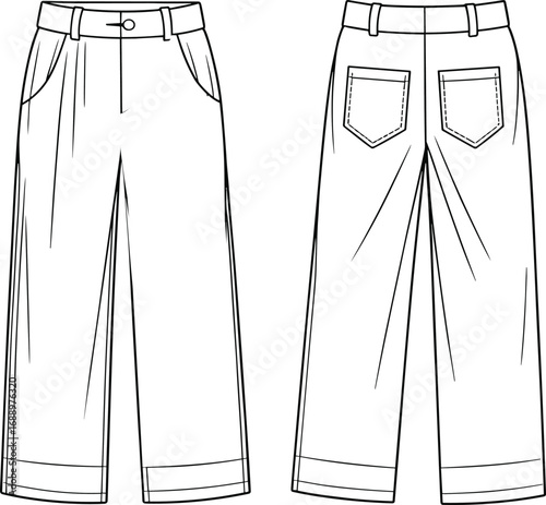 Wide-leg trousers flat sketch, front and back view, technical CAD drawing, pleated pants with waistband and pockets illustration