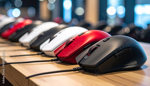 A number of modern game computer mice of different colors, including black, white and red, located on a wooden surface. Suitable for those related to gaming, electronics and technologies.