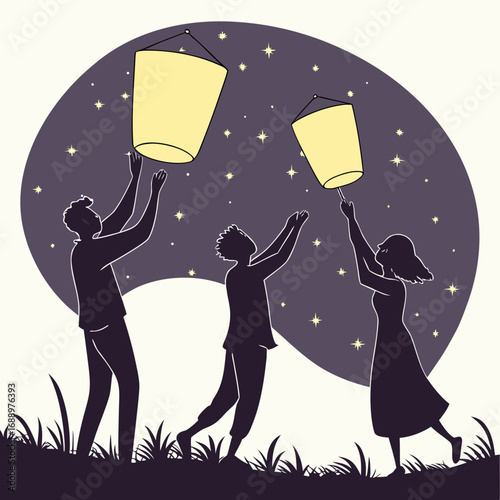 People releasing sky lanterns under starry night sky