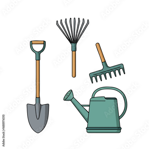 Gardening tools, a shovel, rake, and watering can, are presented as a clean flat 2D vector illustration set, brightly isolated on a crisp white background.