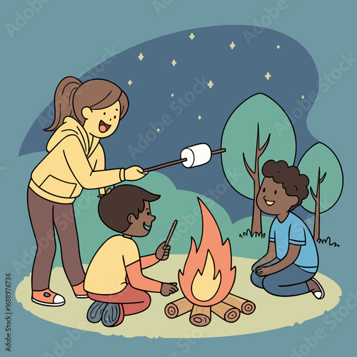 Children roasting marshmallows over a campfire at night