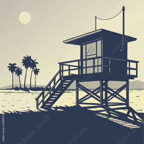 Lifeguard Tower Silhouette on a Beach at Sunset ocean
