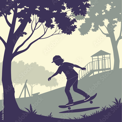 Silhouette of child skateboarding in a park with trees and playground Keywords: child