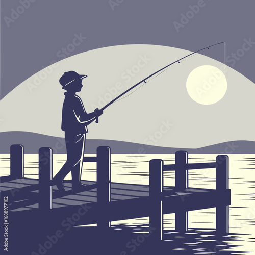 Child fishing from a wooden pier at dusk Keywords: child, fishing, pier, dock, water, lake