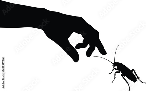 Silhouette of human hand reaching toward a cockroach, depicting pest control, curiosity, fear, interaction, and insect encounter.