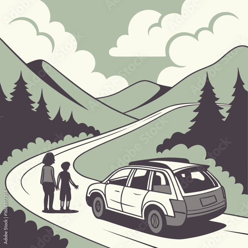 Family standing by a car on a winding road in the mountains