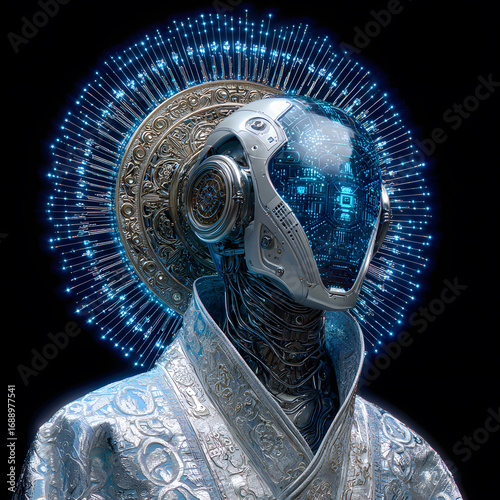 A cinematic fantasy artwork of a cyber DJ in silver and platinum tones, blending futuristic style with surreal artistry.